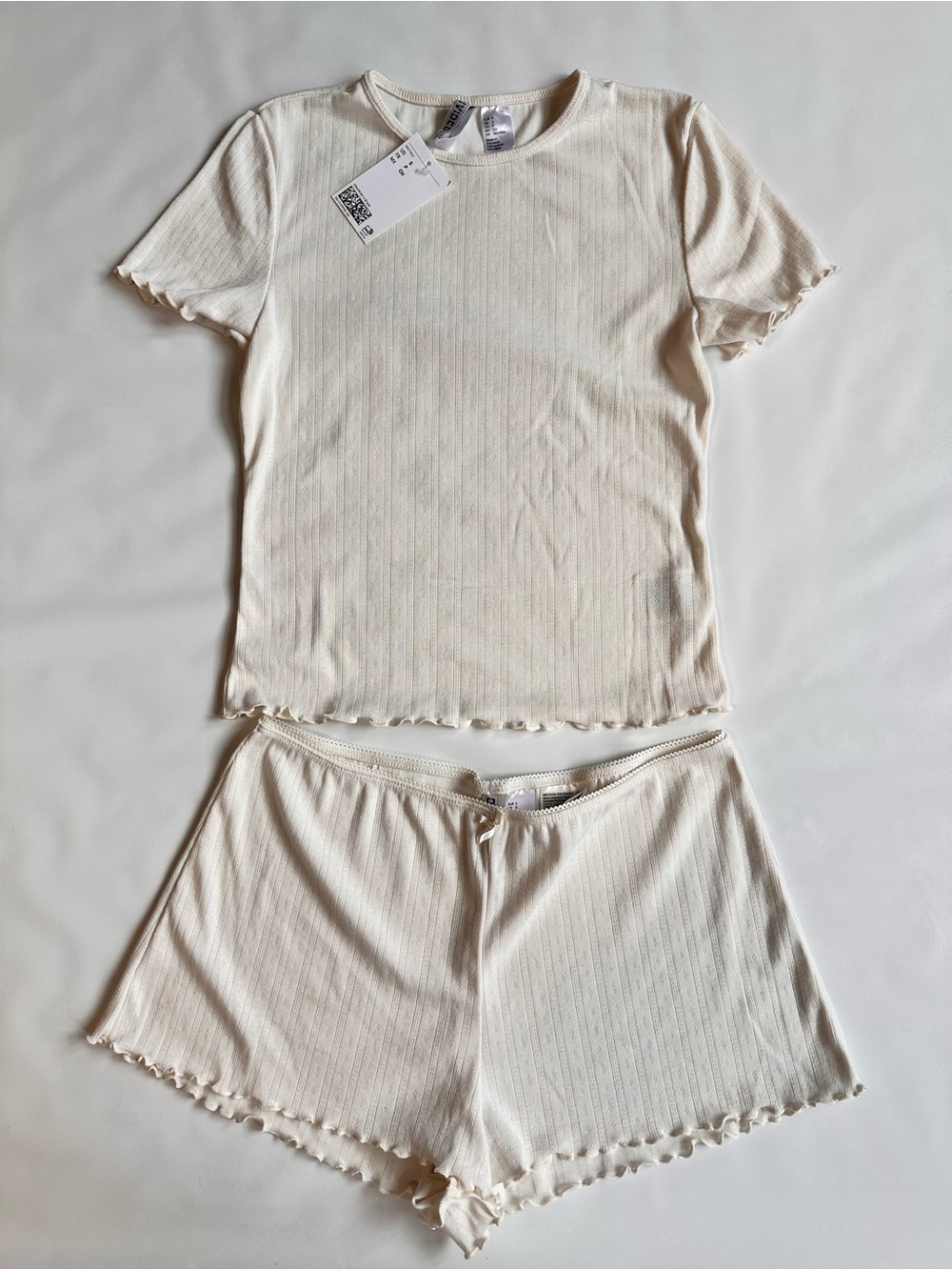 H&M Ribbed Short Sleeve & Shorts Sleep Set - Cream